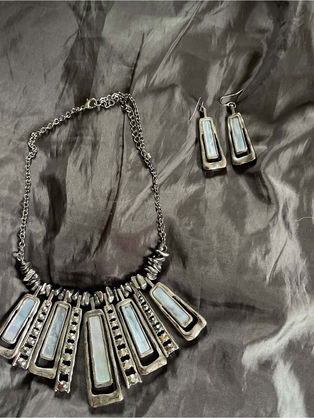Statement Silver-Tone Necklace & Earrings Set with Light Blue Inlay